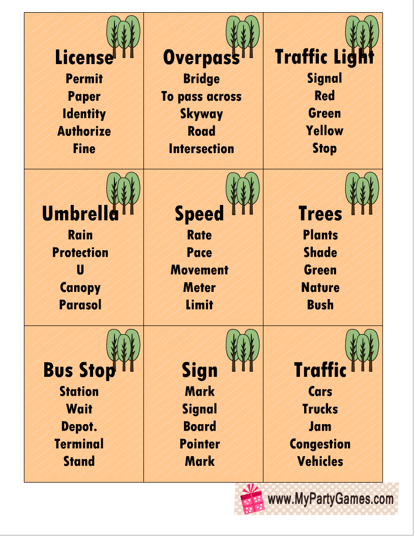 30 Free Printable Road Trip Taboo inspired Game Cards