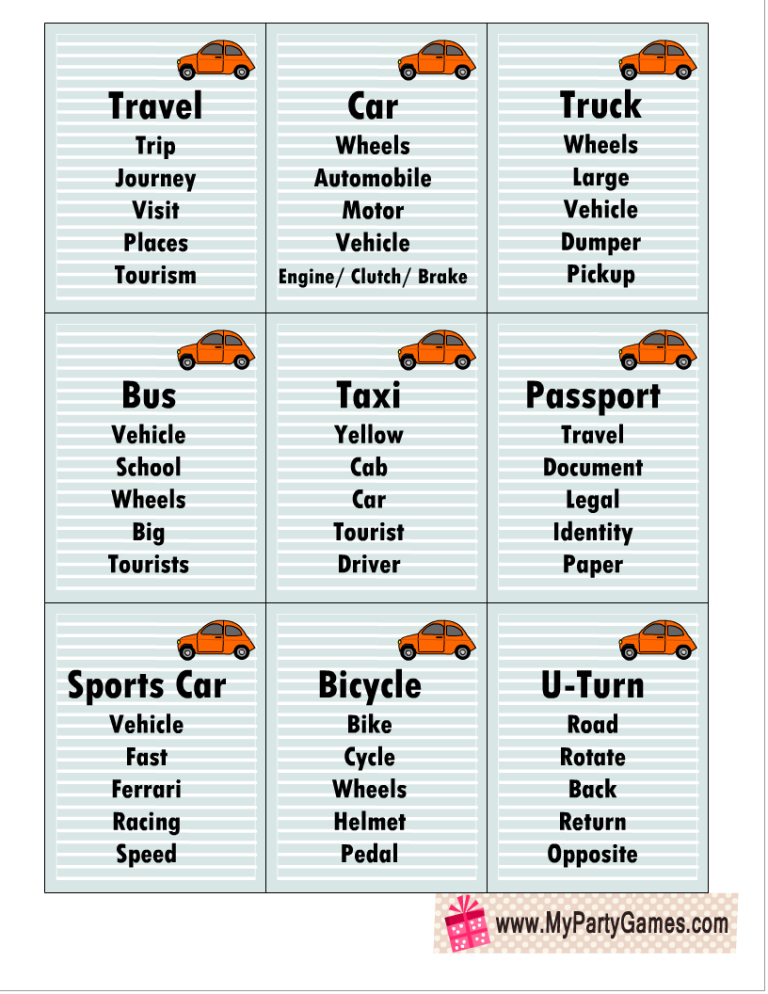 30 Free Printable Road Trip Taboo inspired Game Cards