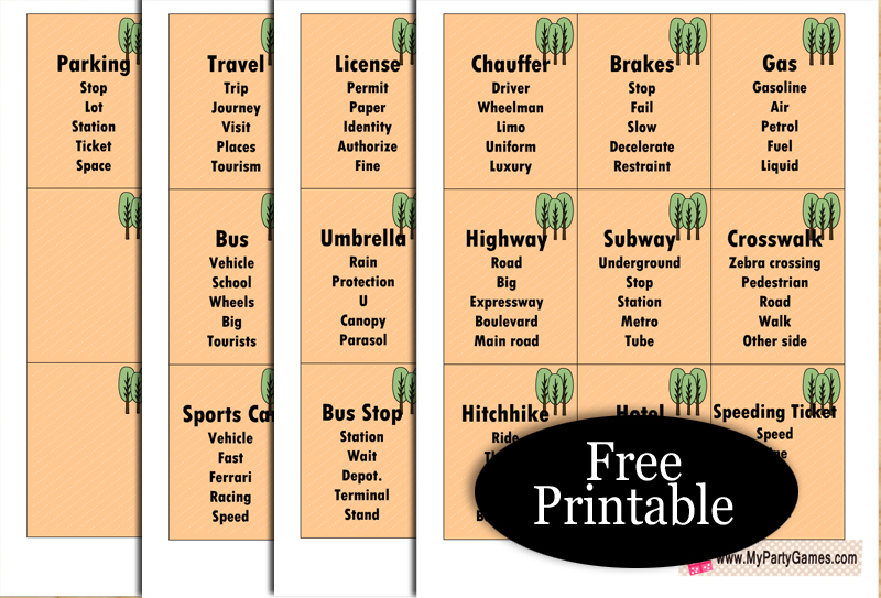 30 Free Printable Road Trip Taboo inspired Game Cards