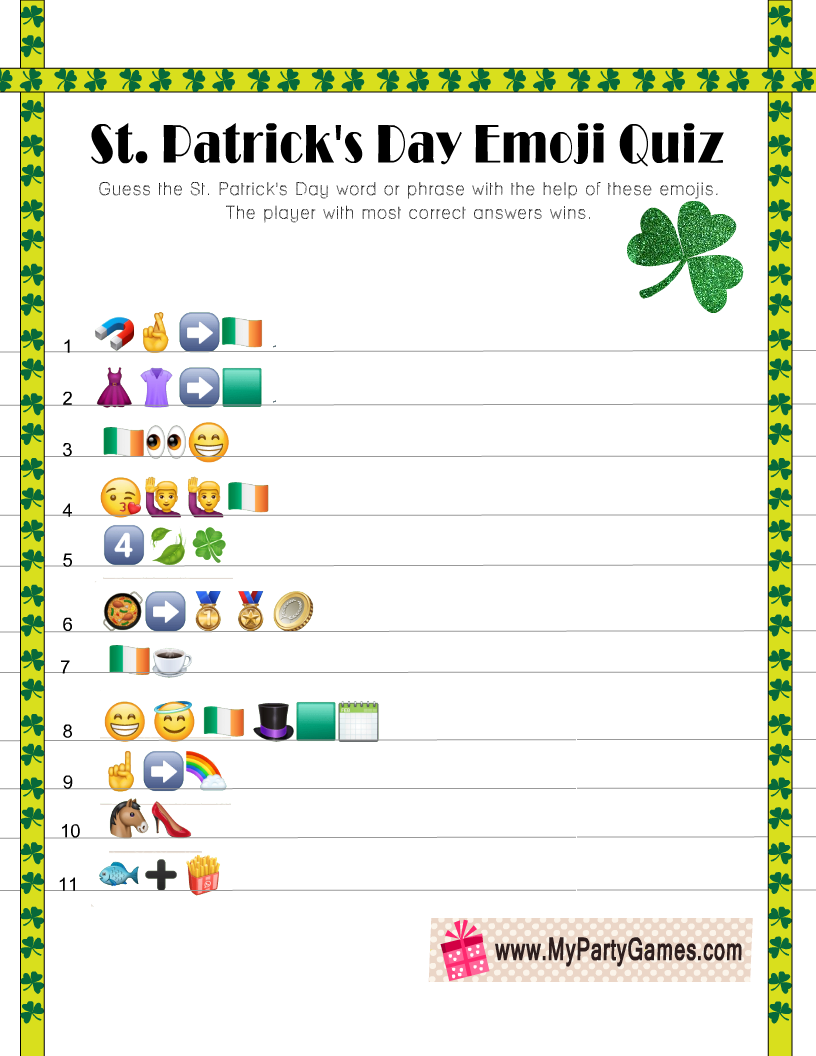  St. Patrick's Day Emoji Quiz Free Printable
