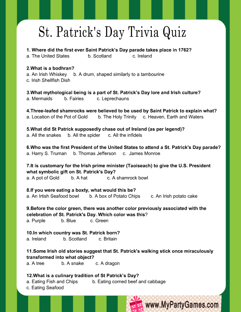 St. Patrick's Day Trivia Quiz Free Printable