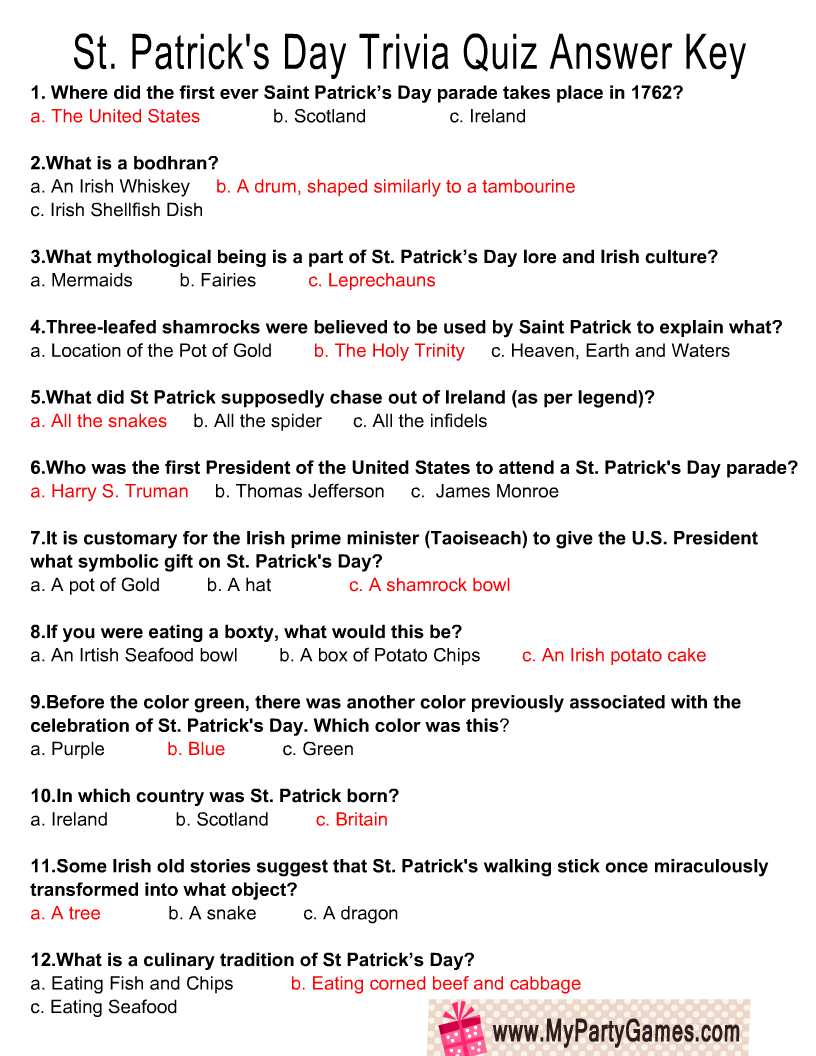 St. Patrick's Day Trivia Quiz Answer Key