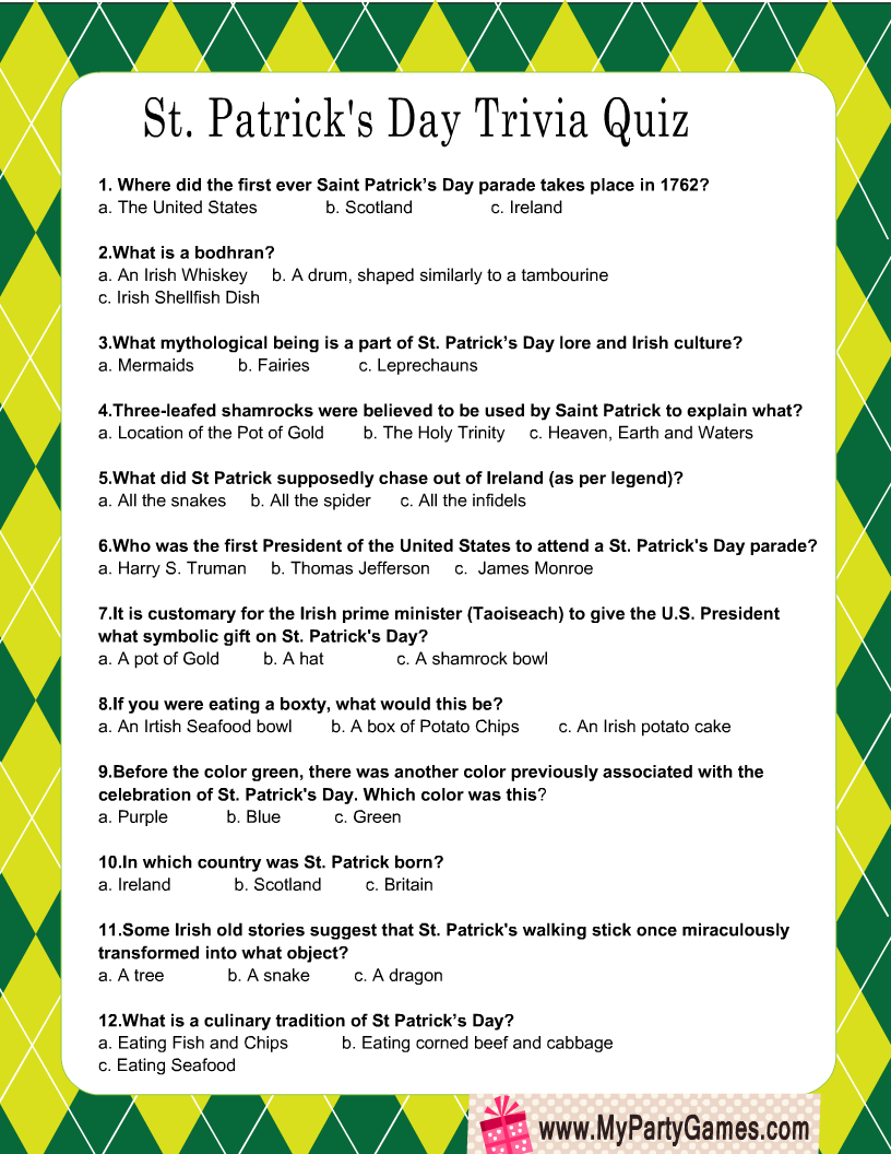 Free Printable St. Patrick's Day Trivia Quiz
