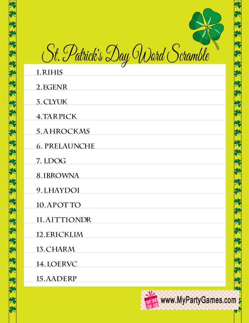 St. Patrick's Day Word Scramble Puzzle Printable