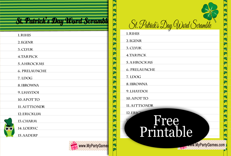 Free Printable St. Patrick's Day Word Scramble Puzzle