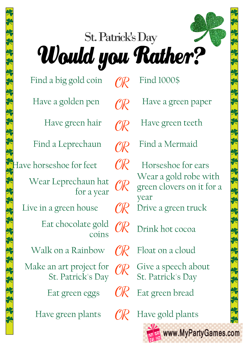  Would You Rather Game for St. Patrick's Day (Free Printable)