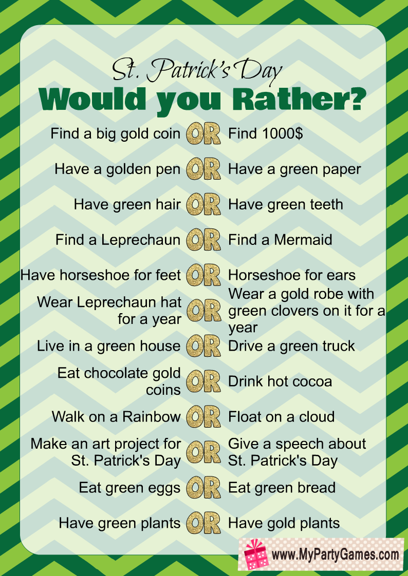 Free Printable Would You Rather Game for St. Patrick's Day