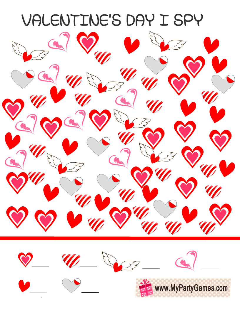 Valentine, I Spy Game for Kids, Free Printable