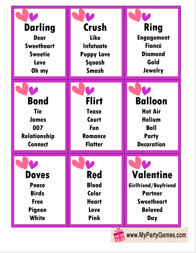 Free Printable Taboo Game Cards for Valentine's Day