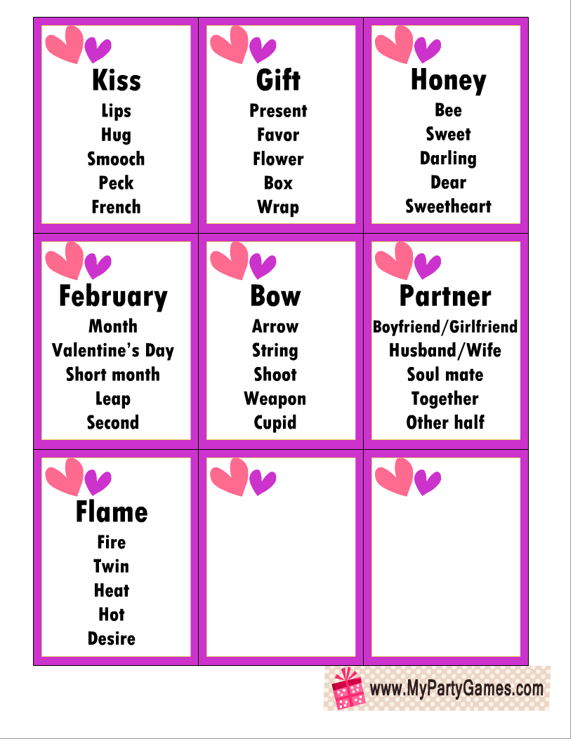 Taboo Game Cards for Valentine's Day