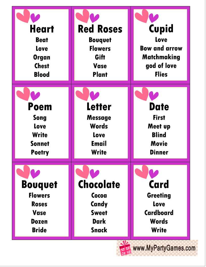  Printable Taboo Game Cards for Valentine's Day