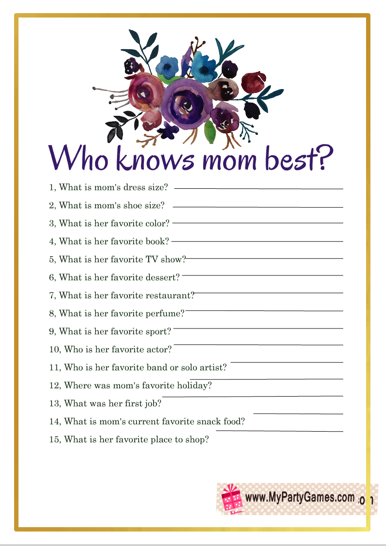 Free Printable Who knows Mom best? Mother's Day Game