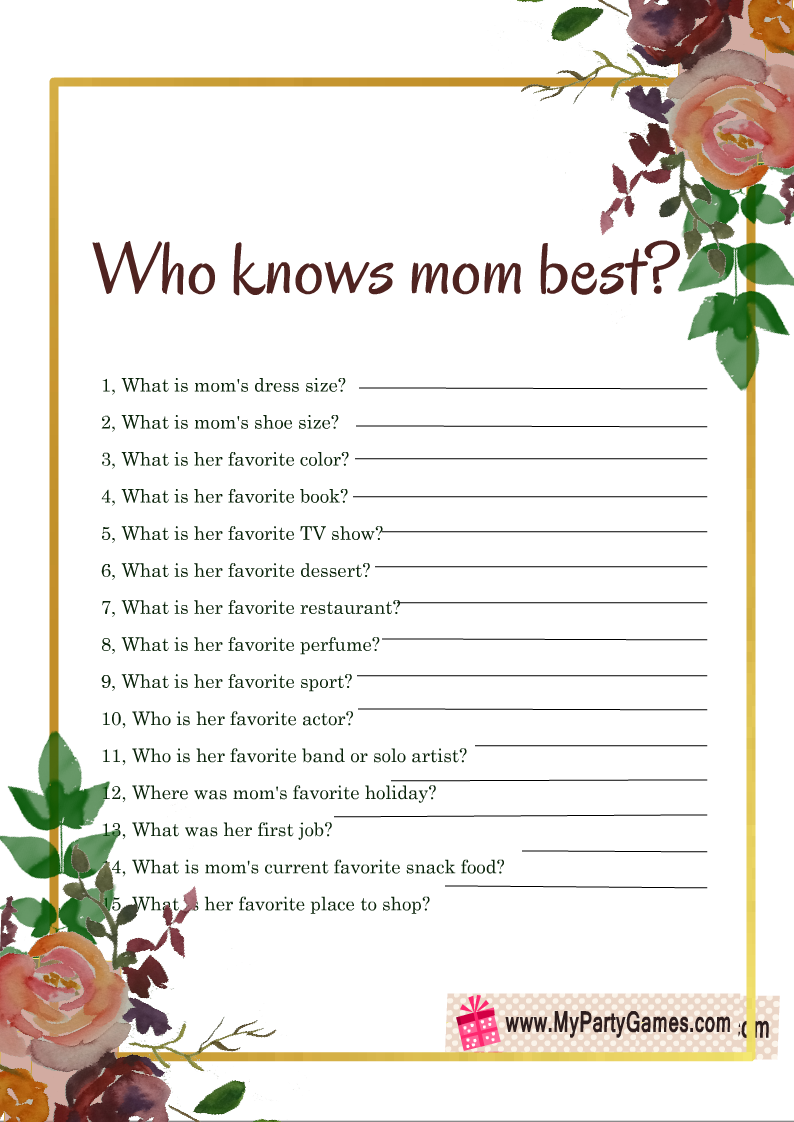 Who knows Mom best? Free Printable Mother's Day Game