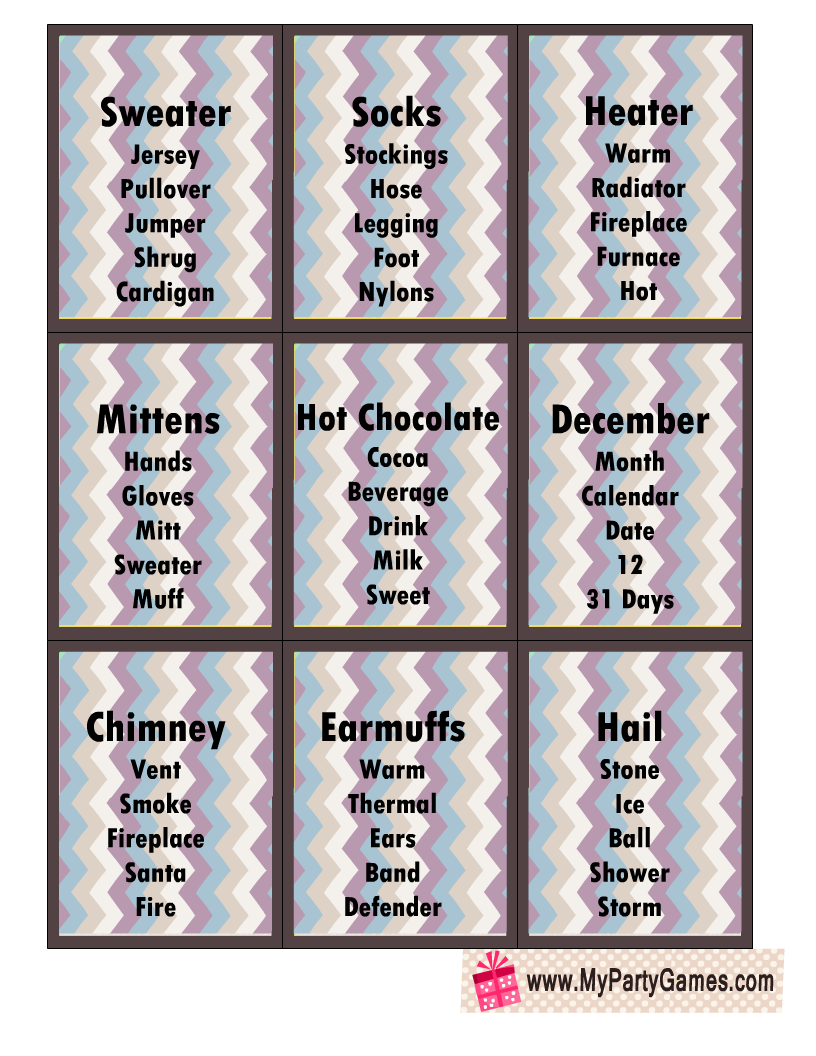 Free Printable Winter Taboo inspired Game Cards sheet 2