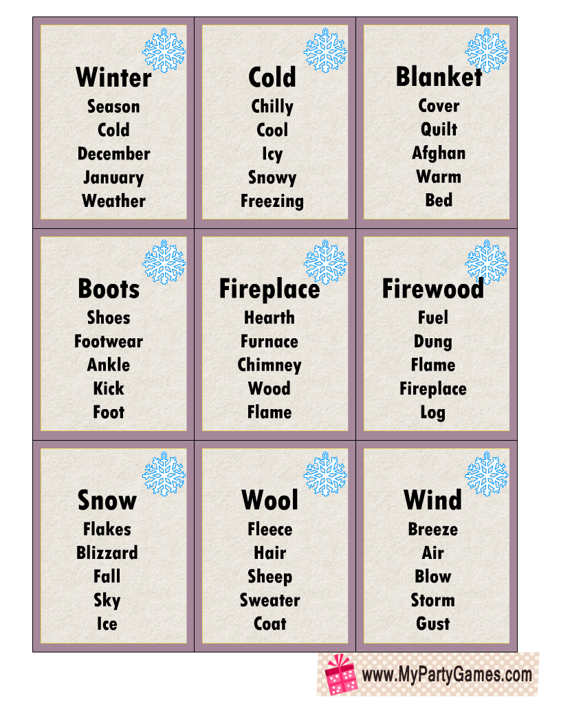 Free Printable Taboo inspired Game Cards for Winter
