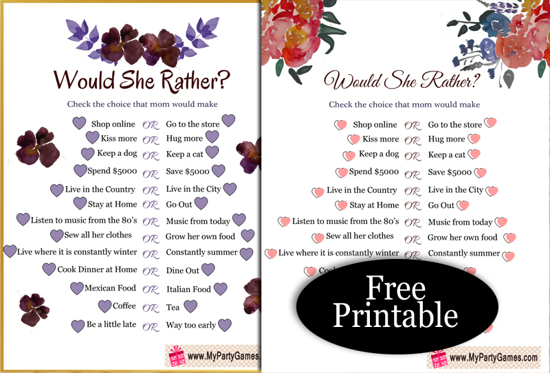 Would She Rather? Free Printable Game for Mother's Day