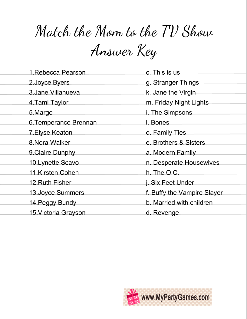Match the TV Mom Game Answer Key