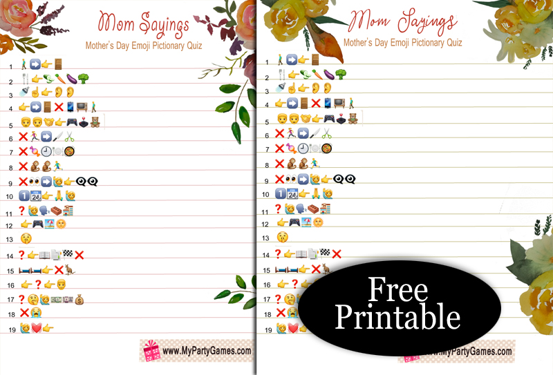 Mom Sayings, Free Printable Emoji Pictionary Quiz for Mother's Day