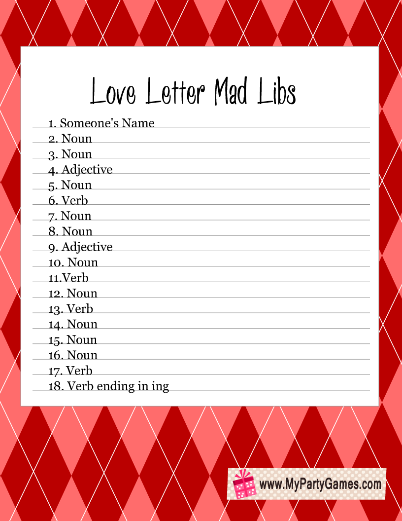 Free Printable Love Letter Mad Libs for Valentine's Day sheet 2