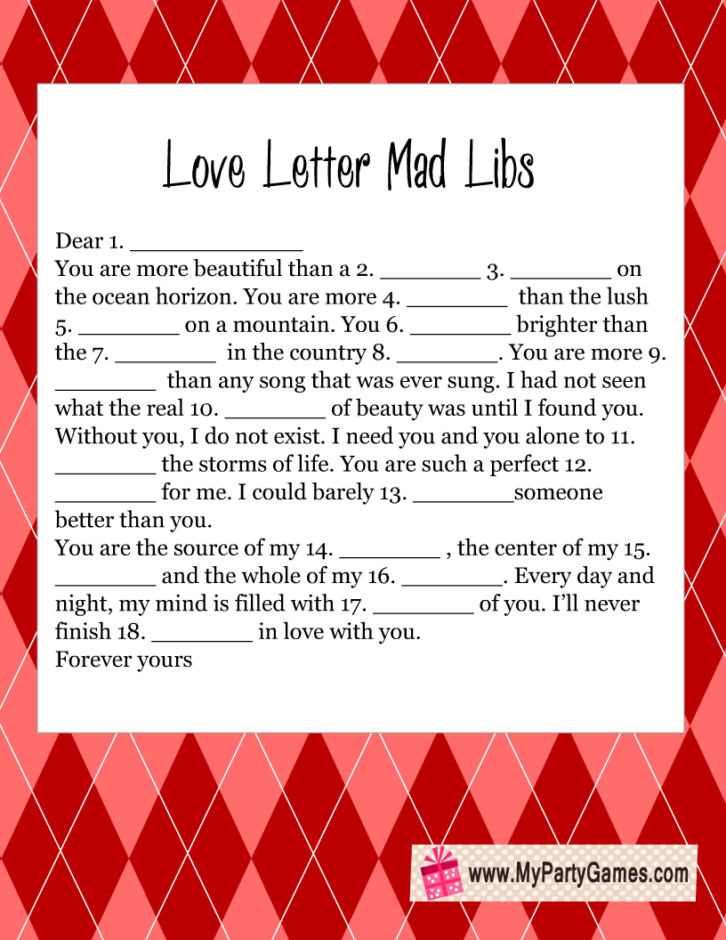 Free Printable Love Letter Mad Libs for Valentine's Day