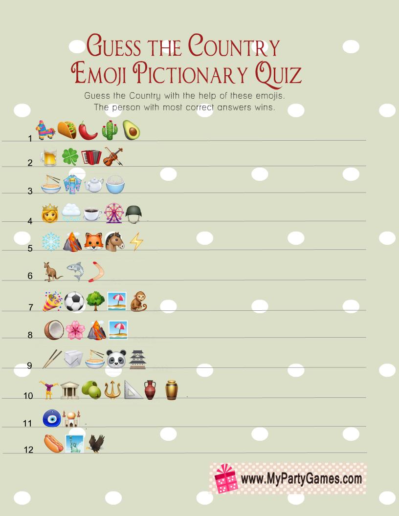 Guess the Country, Free Printable Emoji Pictionary Quiz