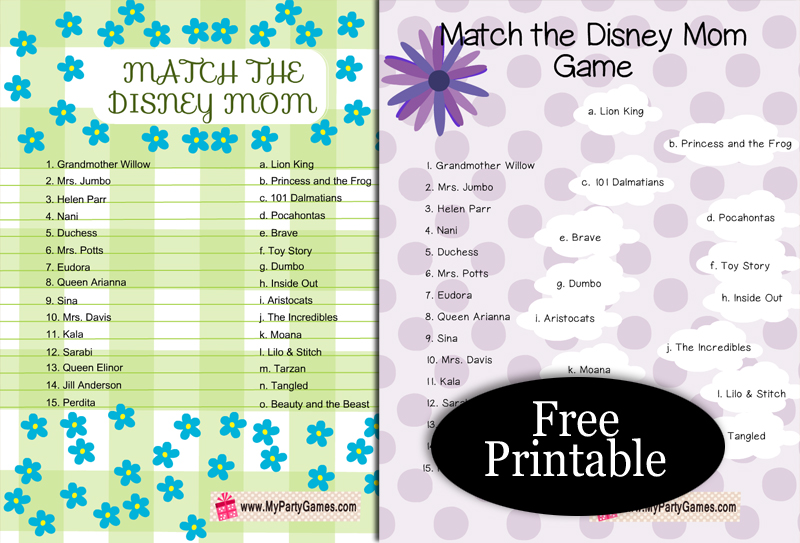 Match the Disney Mom, Free Printable Game for Mother's Day