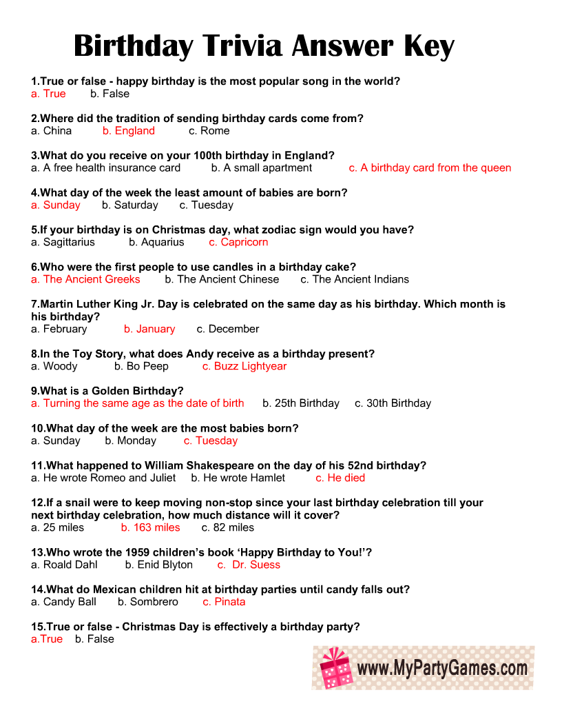 Birthday Trivia Quiz Answer Key