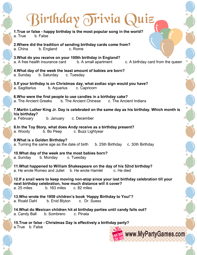 Free Printable Birthday Trivia Quiz with Answer Key