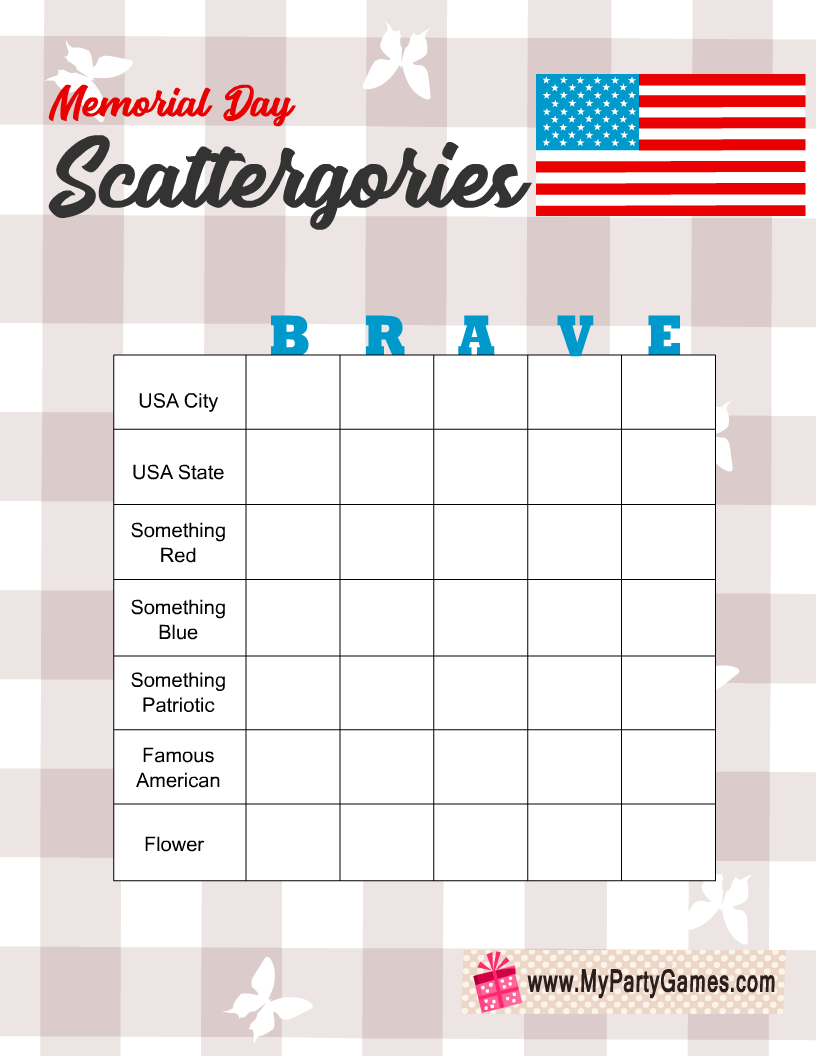 Free Printable Memorial Day Scattergories inspired Game with Word Brave