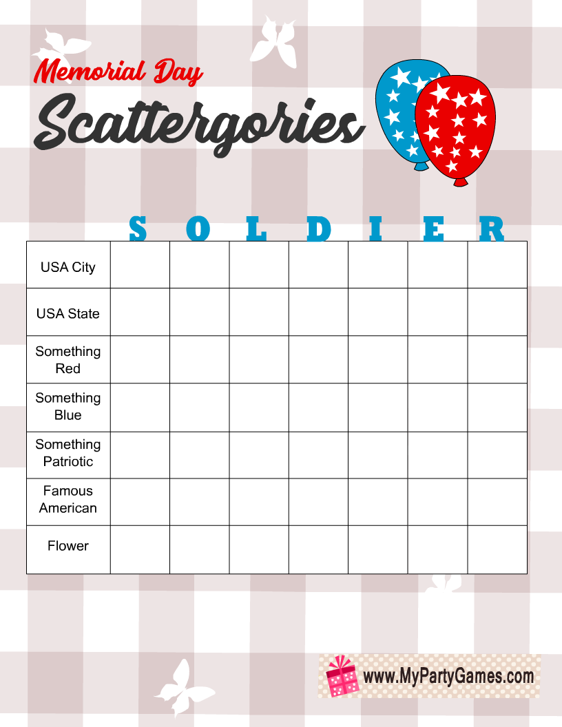 Free Printable Memorial Day Scattergories inspired Game with Word Soldier