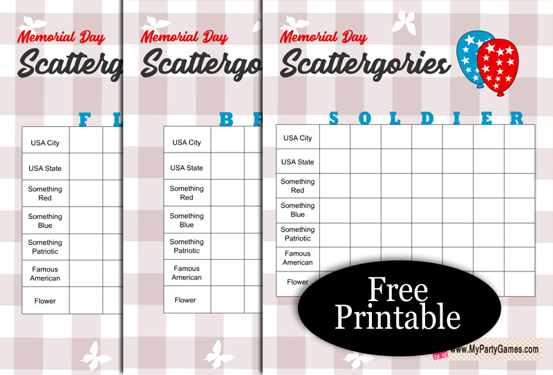 Free Printable Memorial Day Scattergories inspired Game