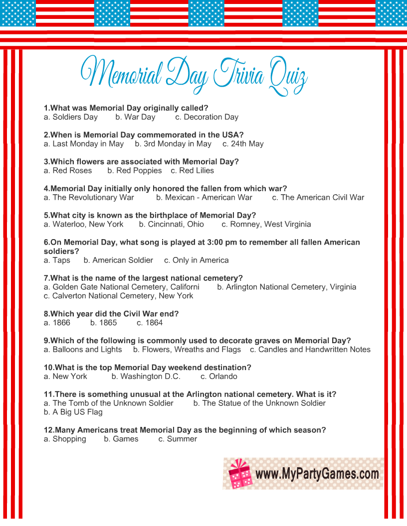Memorial Day Trivia Quiz Free Printable