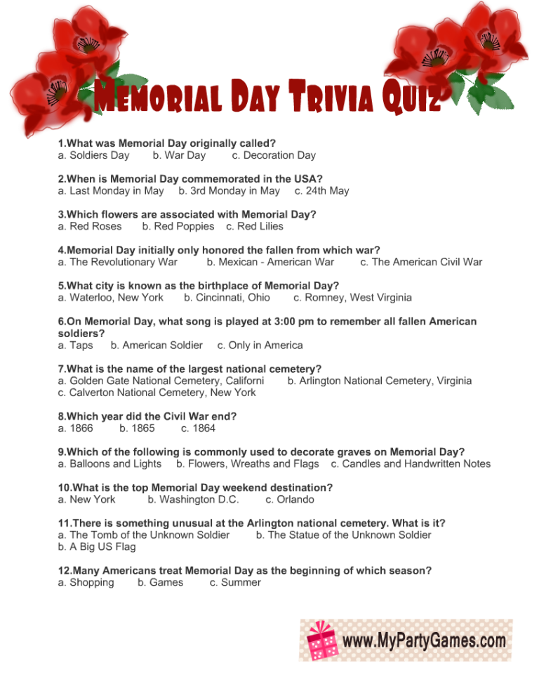 Free Printable Memorial Day Trivia Quiz with Answer Key