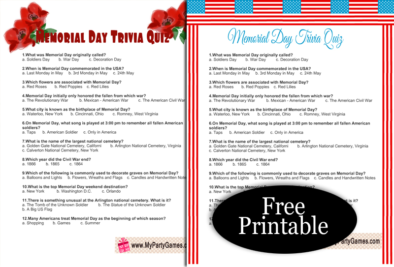 Free Printable Memorial Day Trivia Quiz with Answer Key