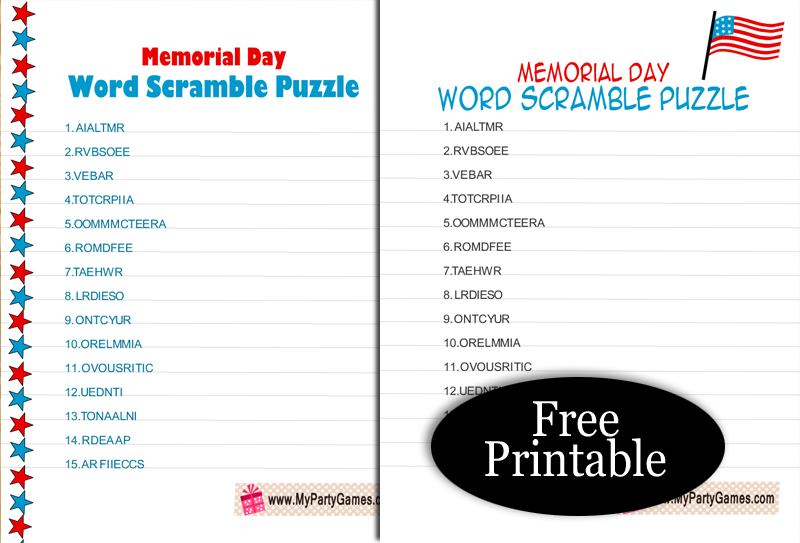 Free Printable Memorial Day Word Scramble Puzzle
