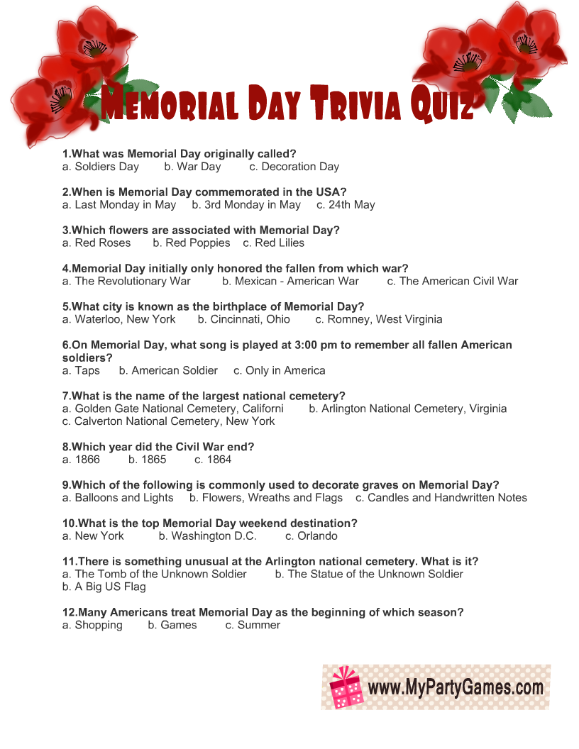 Free Printable Memorial Day Trivia Quiz 
