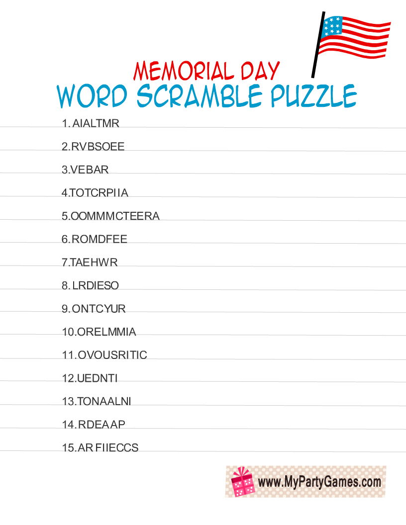 Free Printable Memorial Day Word Scramble Puzzle