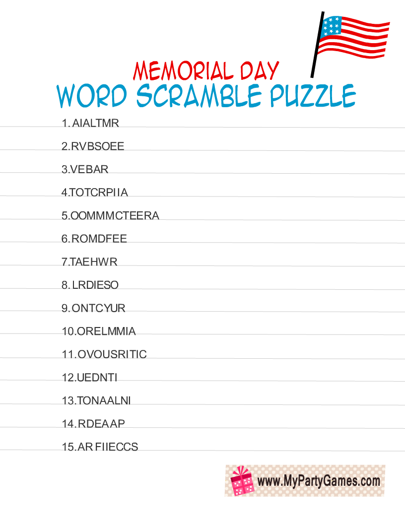 free printable memorial day word scramble puzzle