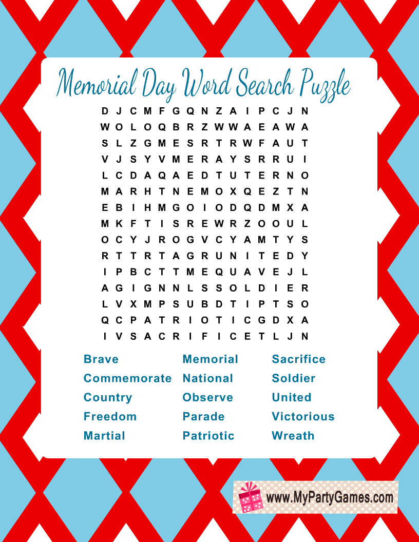 Memorial Day Word Search Puzzle Printable
