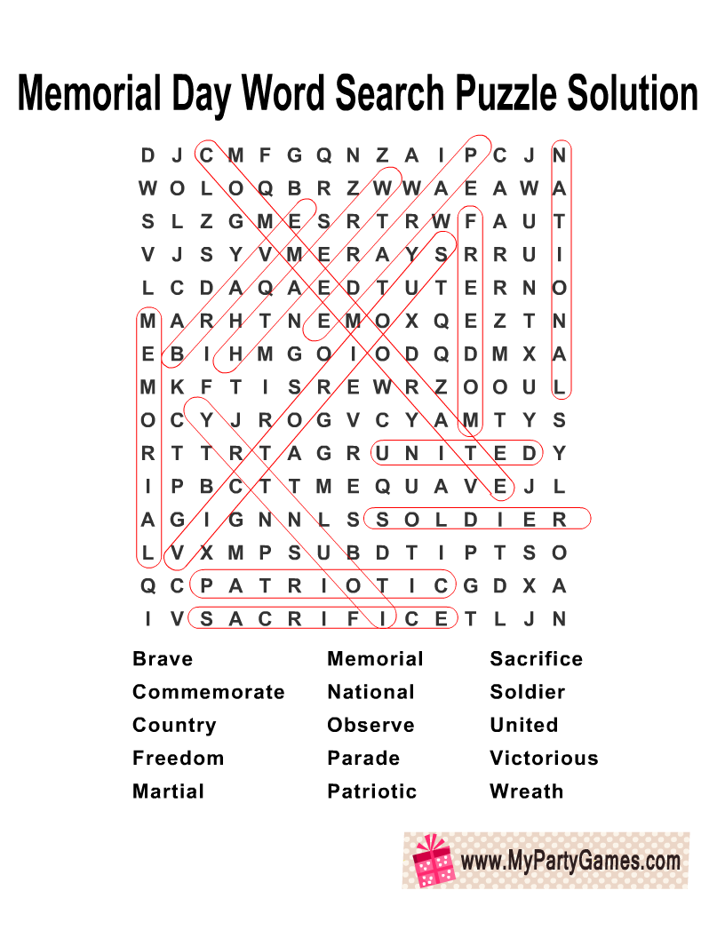 Memorial Day Word Search Puzzle Answer Key