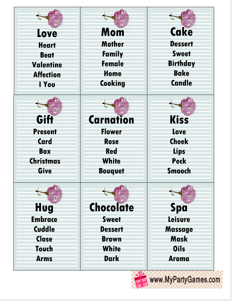 Free Printable Mother's Day Taboo inspired Game Cards