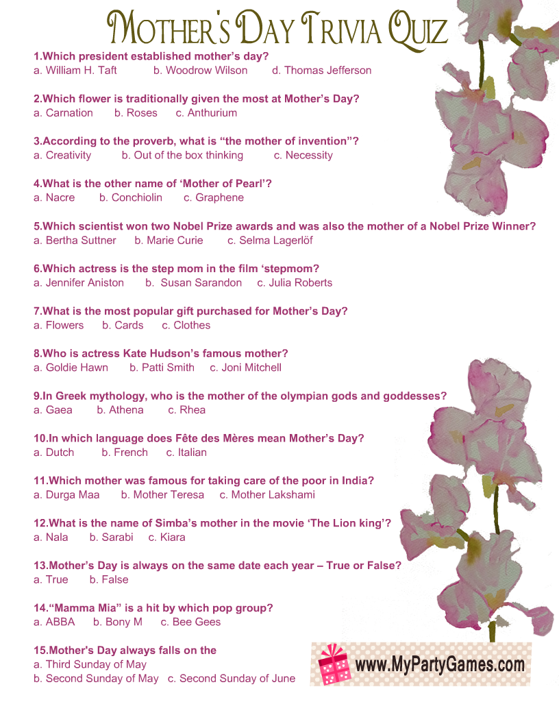 Mother's Day Trivia Quiz Free Printable