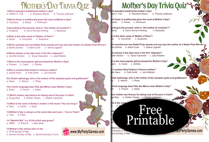 Free Printable Mother's Day Trivia Quiz with Answer Key