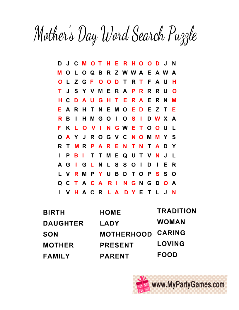 ey to Mother's Day Word Search Puzzle 