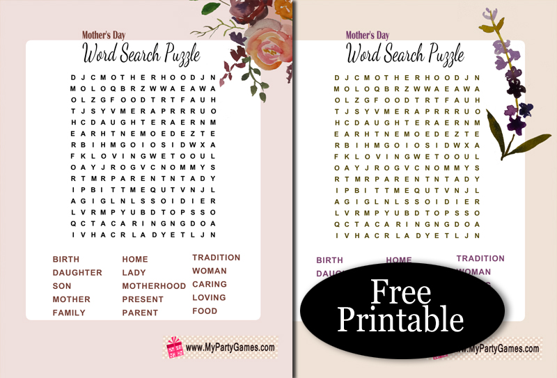 Free Printable Mother's Day Word Search Puzzle with Key