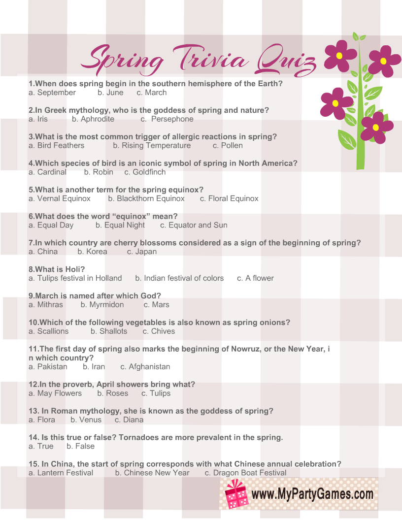 Spring Trivia Quiz Printable Game