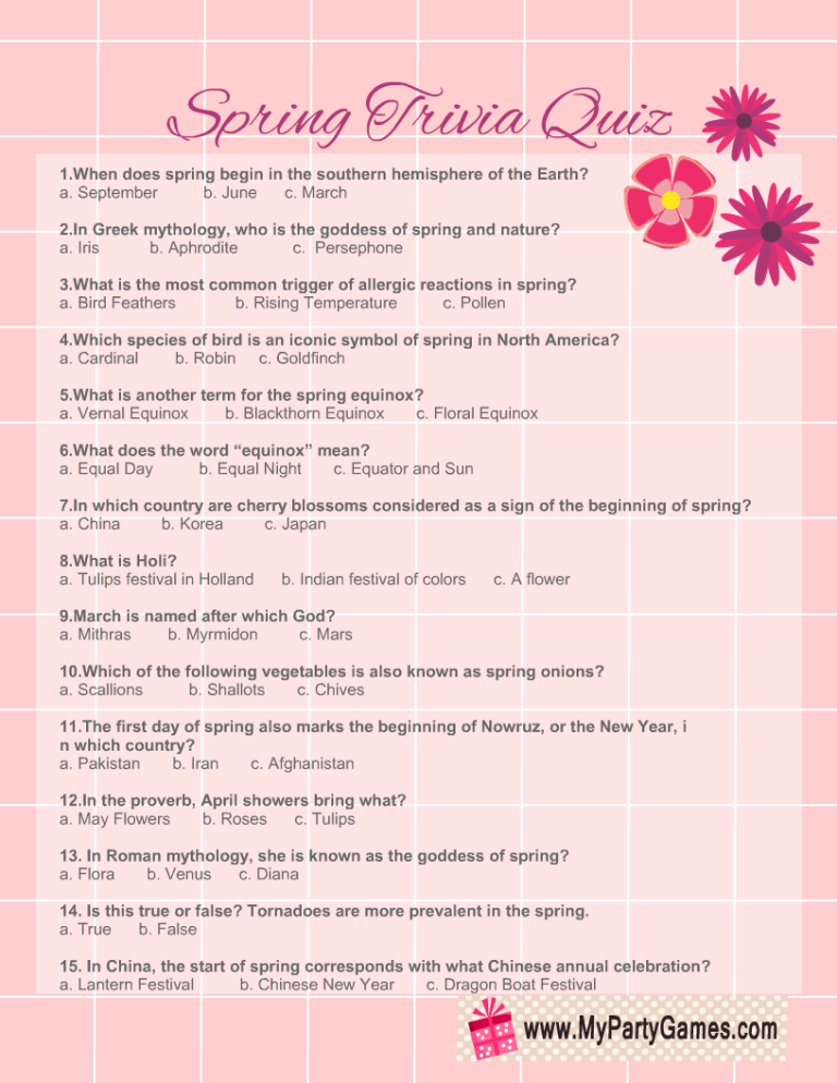 Free Printable Spring Trivia Questions And Answers Printable