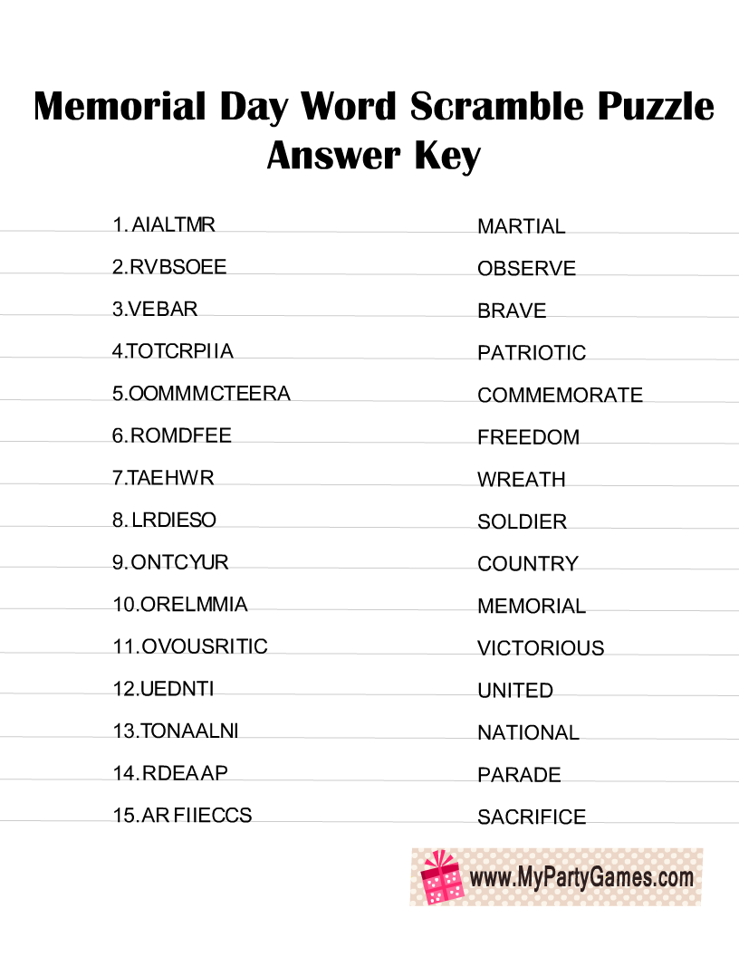 Memorial Day Word Scramble Puzzle Answer Key