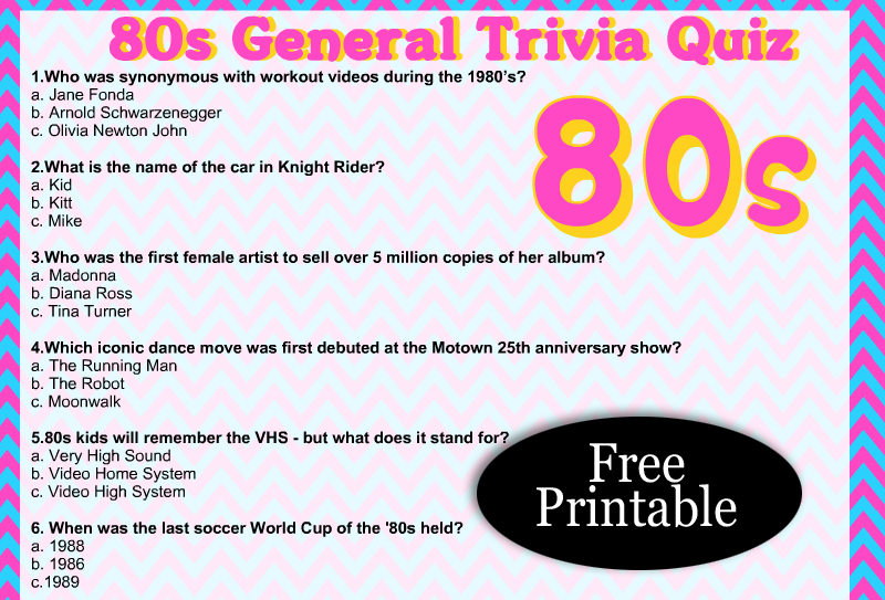 Free Printable 80s General Trivia Quiz with Answer Key