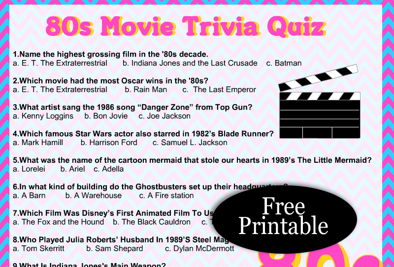 Free Printable 80s' Movie Trivia Quiz with Answer Key